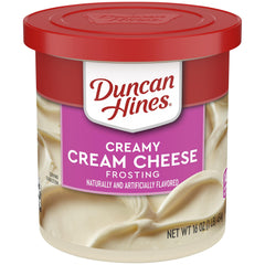 Duncan Hines Creamy Cream Cheese Frosting in a 16 oz can spreads smoothly for cakes.