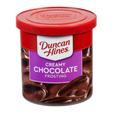 Duncan Hines creamy chocolate frosting in a 16 oz can, ideal for cupcakes and cakes.