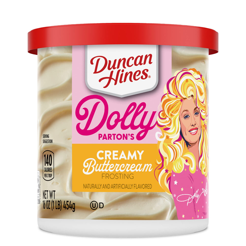Duncan Hines Dolly Parton buttercream frosting can showing silky spreadability for cakes