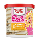 Duncan Hines Dolly Parton buttercream frosting can showing silky spreadability for cakes