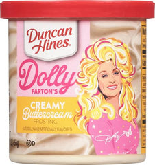 Frosting pours on a cake with Duncan Hines Dolly Parton buttercream
