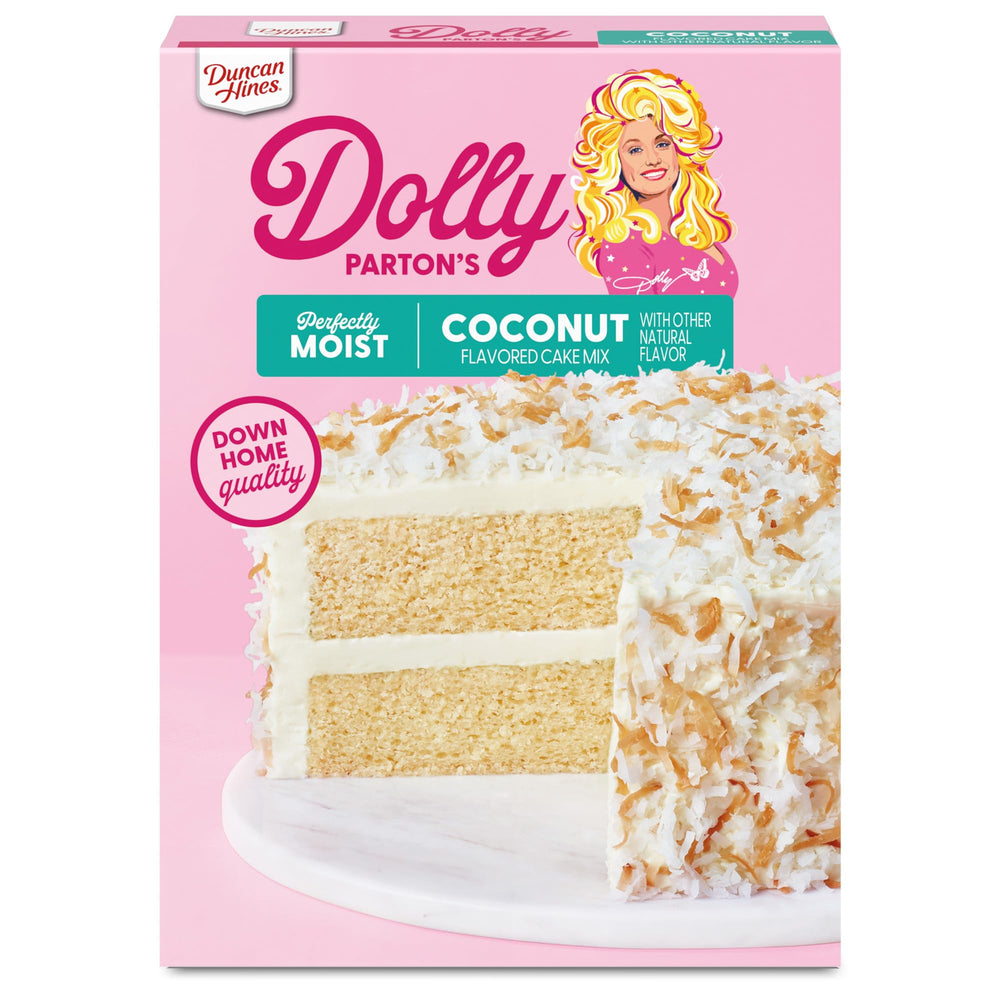 Duncan Hines Dolly Parton's Coconut Cake Mix box front, perfect for quick celebrations