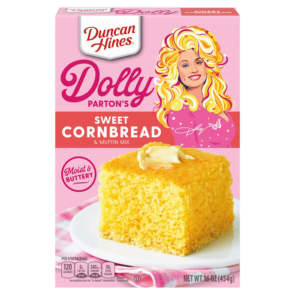 Duncan Hines Dolly Parton's Sweet Cornbread & Muffin Mix box front, ideal for quick Easter sides.