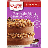 Duncan Hines German Chocolate Cake Mix front box showing rich cocoa flavor