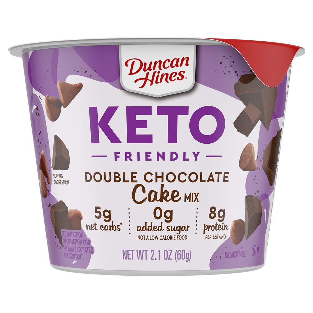 Duncan Hines Keto Double Chocolate Cake Cup packaging highlights gluten-free dessert option.