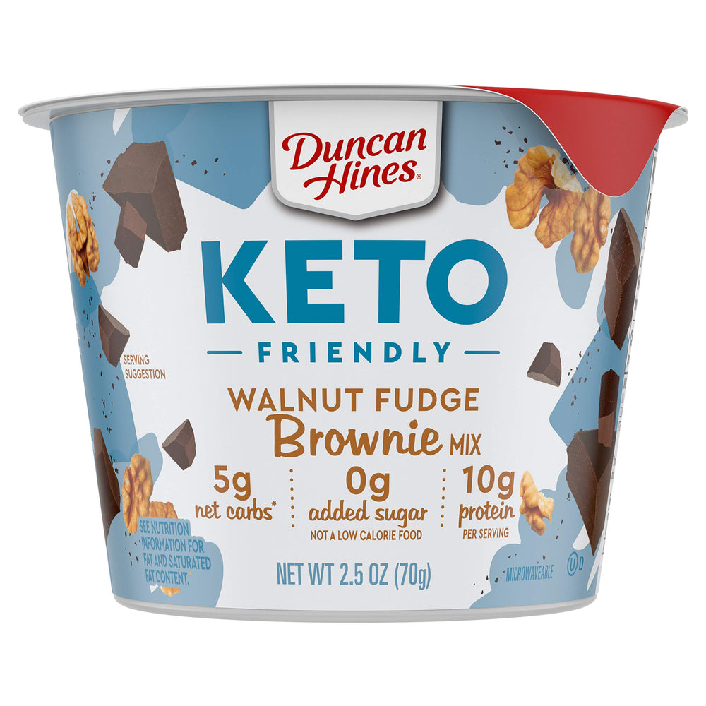 Duncan Hines Keto Walnut Fudge Brownie Cup close-up shows rich gooey texture and low net carbs.
