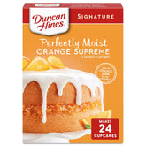 Duncan Hines Orange Supreme Cake Mix box showcases convenient 15.25 oz packaging for baking.