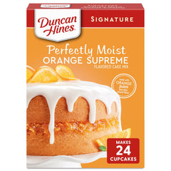 Duncan Hines Orange Supreme Cake Mix box showcases convenient 15.25 oz packaging for baking.