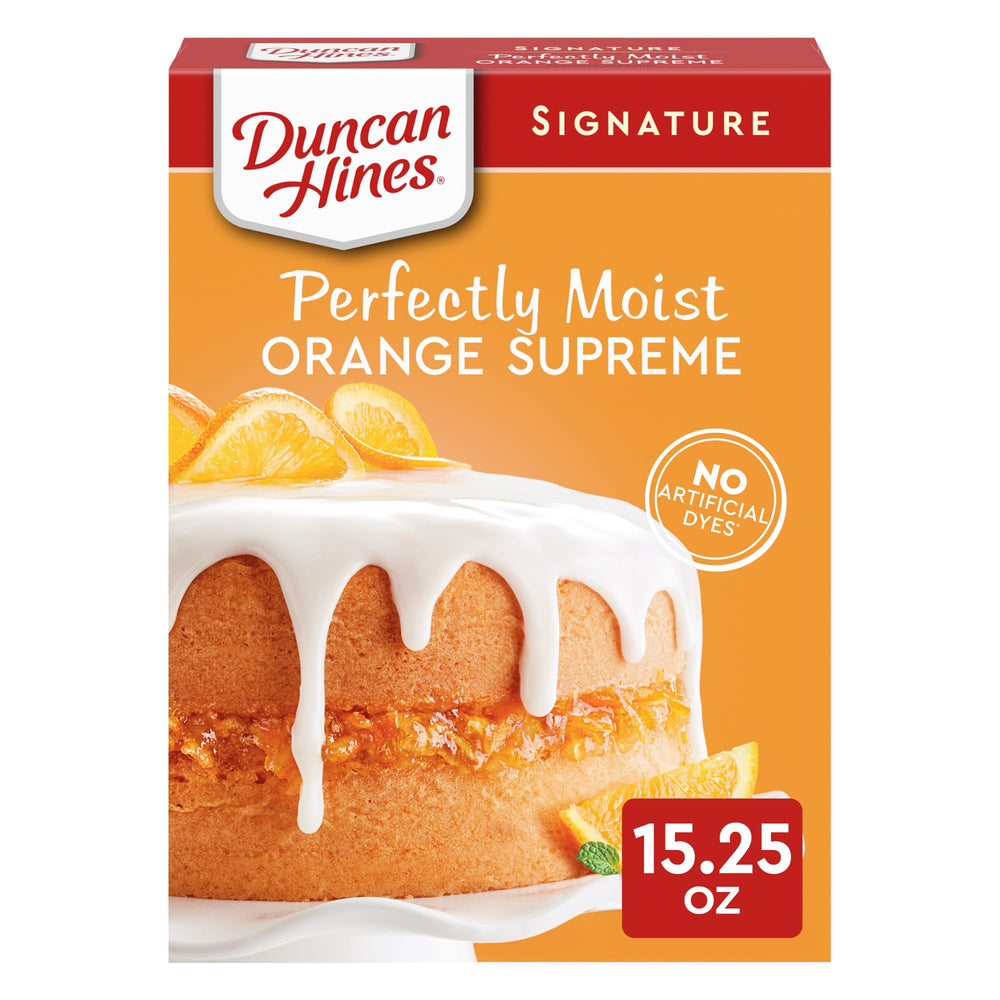 Duncan Hines Orange Supreme cake mix packaging shown for quick, citrus-flavored baking at home.