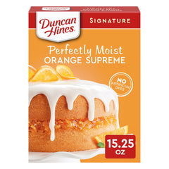 Duncan Hines Orange Supreme cake mix packaging shown for quick, citrus-flavored baking at home.