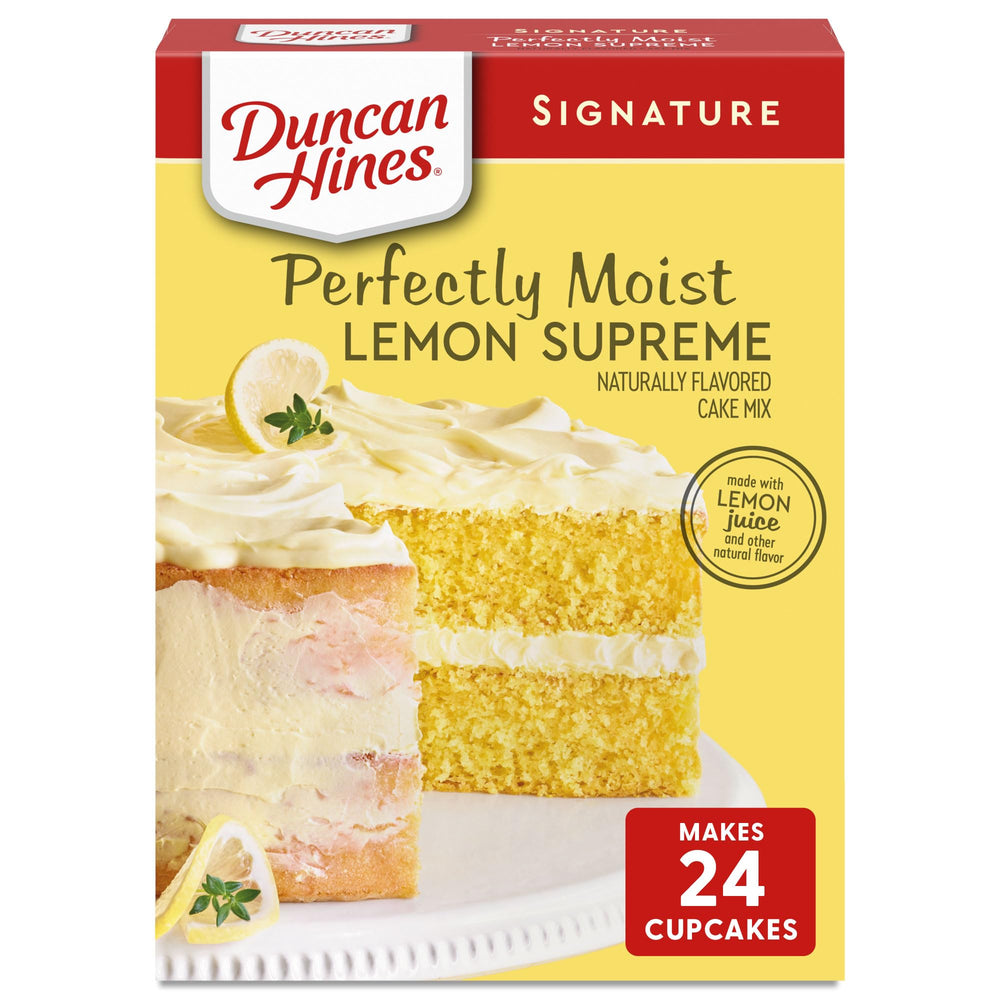 Duncan Hines Lemon Supreme box front highlights real lemon flavor for quick desserts.