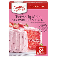 Duncan Hines Strawberry Supreme cake mix box front, ideal for quick celebration desserts