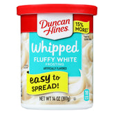 Duncan Hines whipped fluffy white frosting can for easy cake decoration and smooth layers