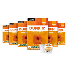 Dunkin Caramel Me Crazy box front showing a 60-count supply