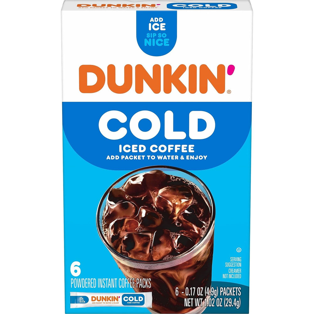 Dunkin Cold Coffee Packet box front shows six-pack convenience for quick iced coffee.