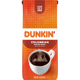 Dunkin' Colombian ground coffee bag ready for home brewing.