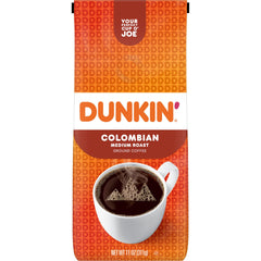 Dunkin' Colombian ground coffee bag ready for home brewing.
