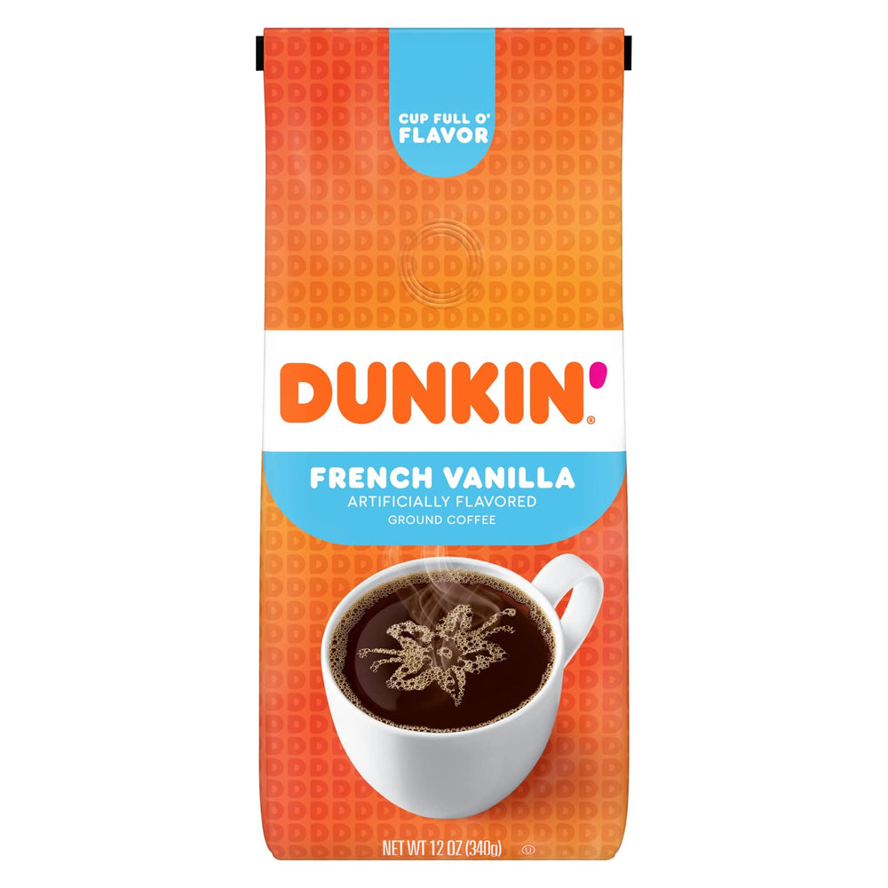 Dunkin' Donuts French Vanilla coffee bag front view with smooth roast aroma.