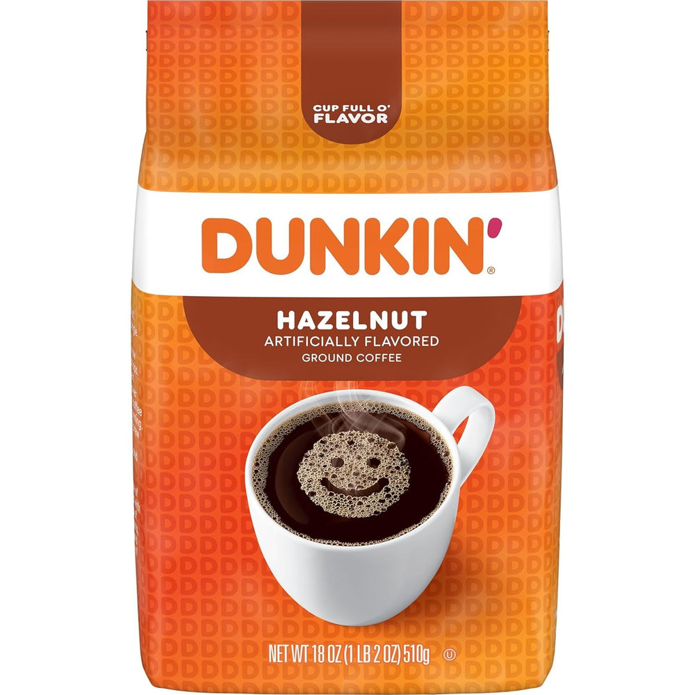 Dunkin Hazelnut ground coffee bag with rich aroma for home brewing