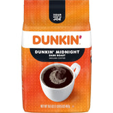 Dunkin' Midnight ground coffee 16.5 oz bag front, bold full-bodied flavor.