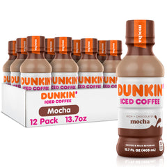 Dunkin Mocha Iced Coffee bottle label close-up showing bold branding and rich flavor.