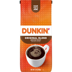 Dunkin Original Blend ground coffee bag front, ideal for everyday morning rituals.