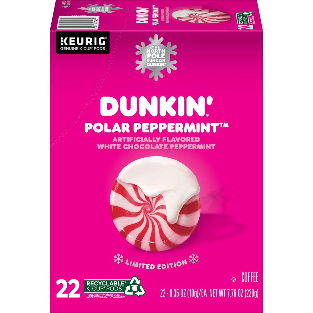 Dunkin Polar Peppermint K-Cup box showcases holiday flavor for Keurig brews.