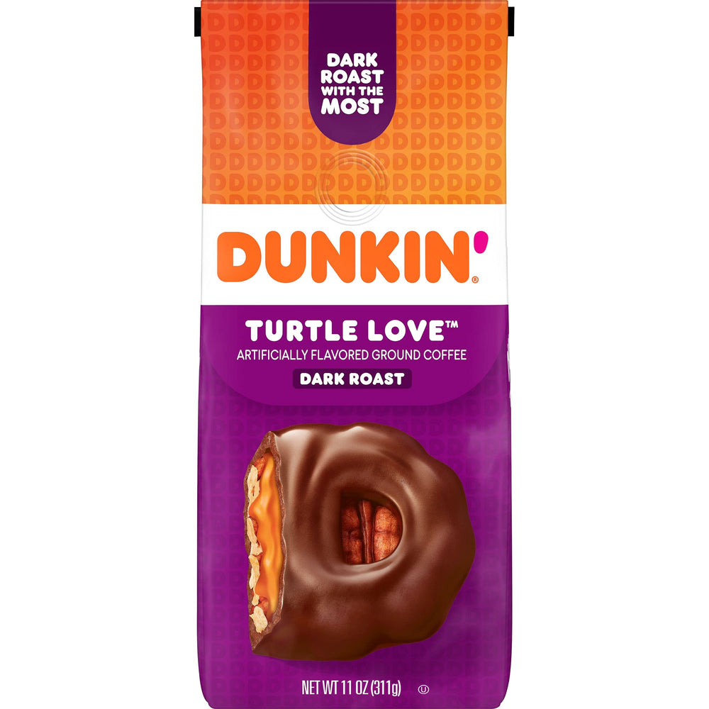 Dunkin Turtle Love ground coffee bag in home kitchen for easy brewing