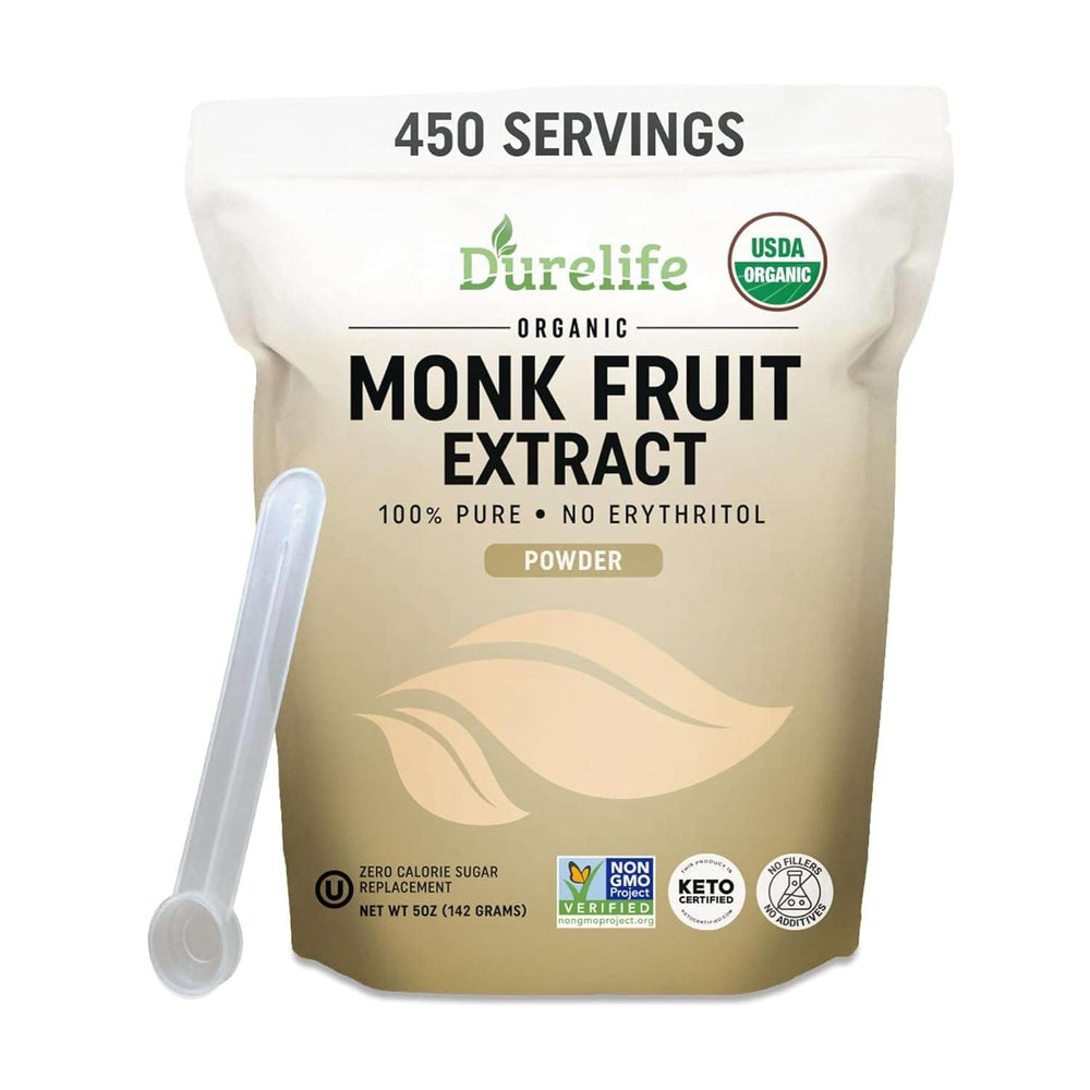 DureLife Organic Monk Fruit Sweetener bottle showing pure, zero-calorie sweetness for beverages