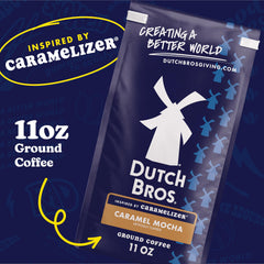 Dutch Bros Caramel Mocha coffee pouring into a mug for a cozy daily treat.