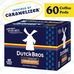 Front view of Dutch Bros Caramel Mocha flavored pods ready for brewing.