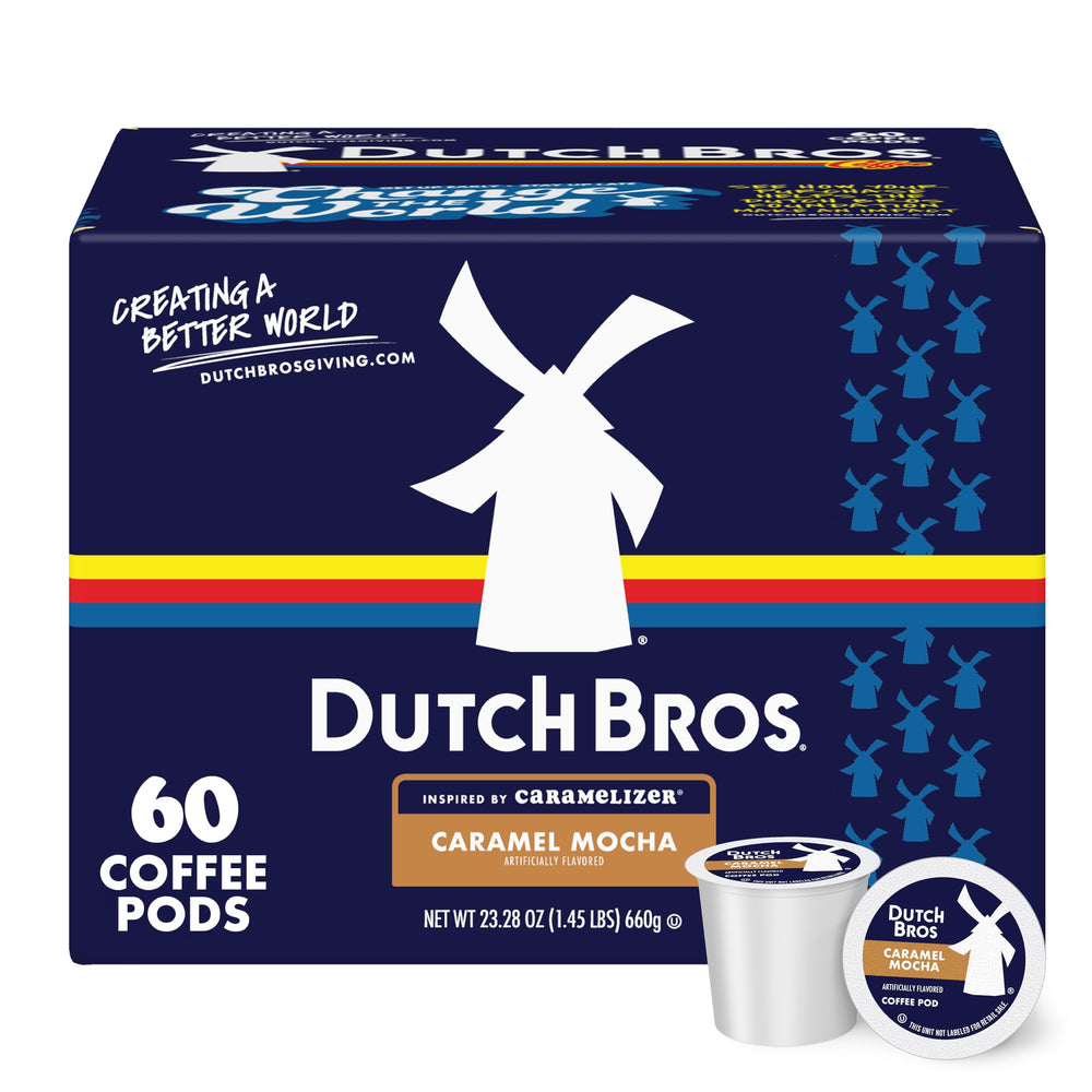 Dutch Bros Caramel Mocha pods packaging highlights convenience for busy mornings.