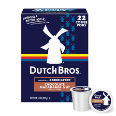 Dutch Bros chocolate macadamia nut coffee pods box front, 22-count, quick weekday mornings