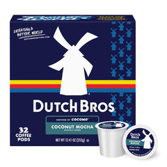 Dutch Bros Coconut Mocha coffee pods box front for convenient tropical mornings