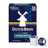 Dutch Bros Coconut Mocha pods in a box, ideal for quick tropical mornings.