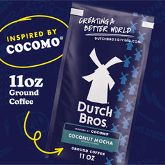 Dutch Bros Coconut Mocha Ground Coffee in packaging ready to brew at home for convenient daily brew.