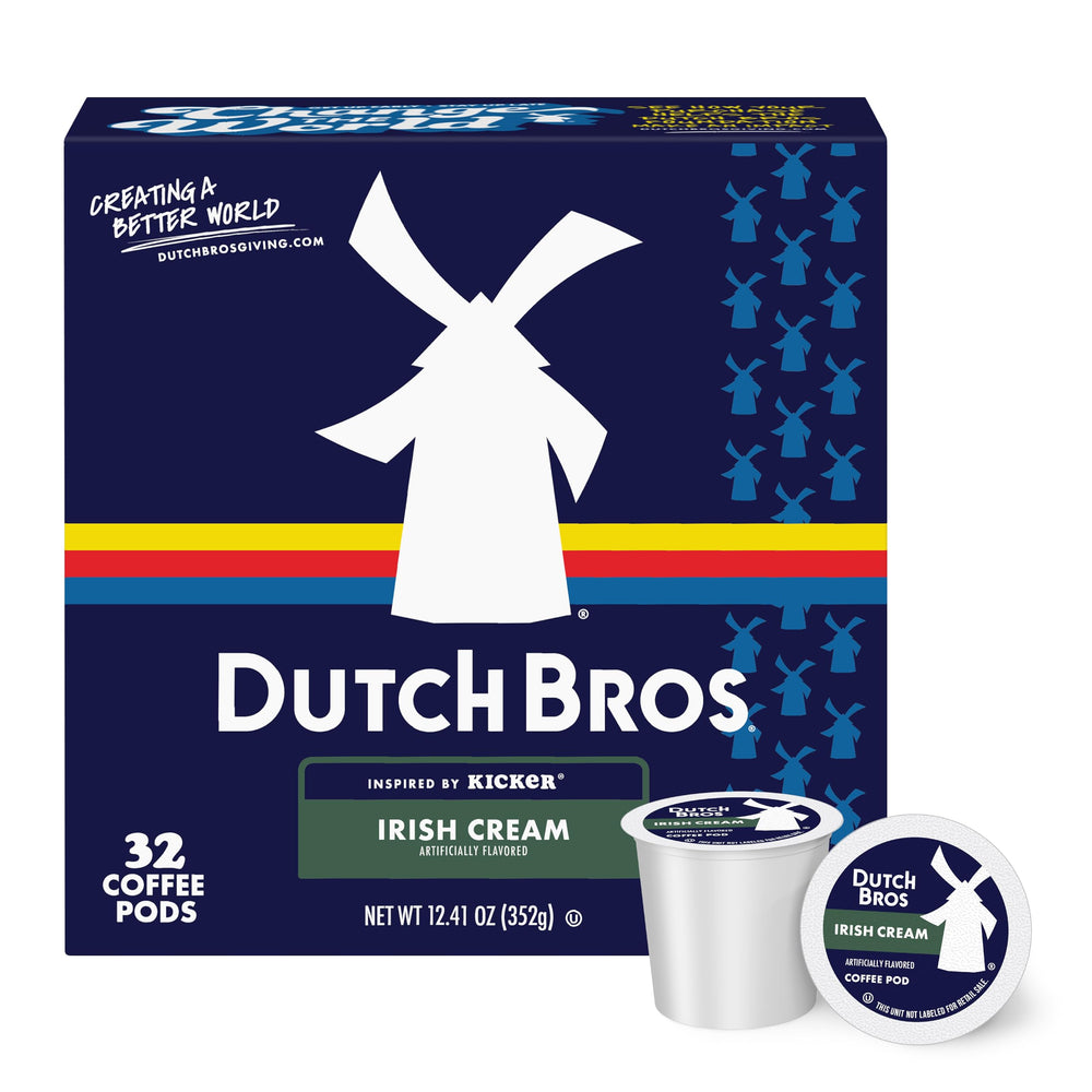 Dutch Bros Irish Cream flavored coffee pods in a 32-count box for quick mornings