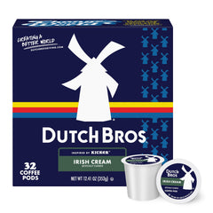 Dutch Bros Irish Cream flavored coffee pods in a 32-count box for quick mornings