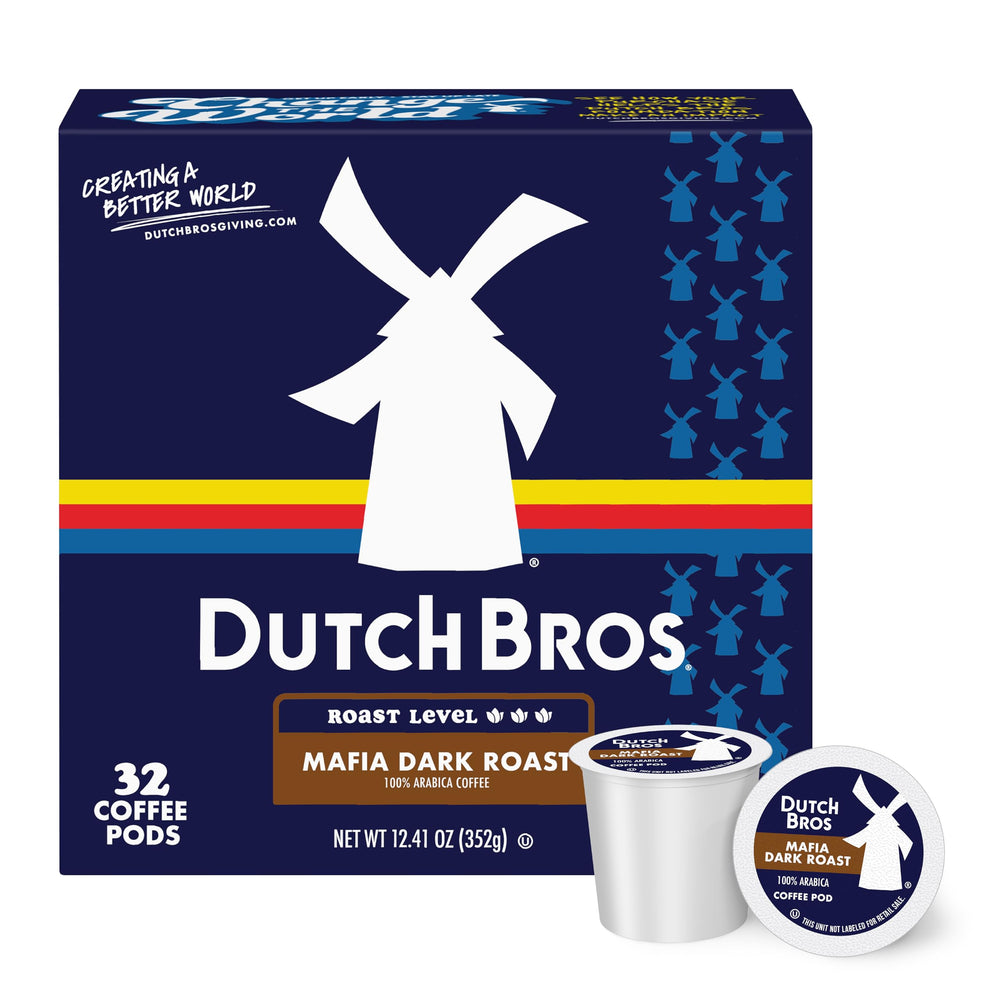 Dutch Bros Mafia Dark Roast box with 32 pods, ideal for quick mornings.