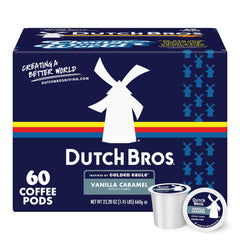 Dutch Bros Vanilla Caramel Golden Eagle box with 60 premium Arabica pods for Keurig brewers