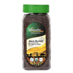 DWARAKA Black Mustard Seeds in a clear jar, ideal for authentic Indian temperings.