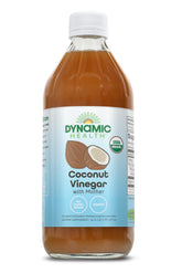 Dynamic Health Coconut Vinegar with Mother bottle front shows organic, unfiltered quality for dressings