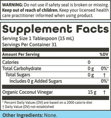 Dynamic Health Coconut Vinegar with Mother label view emphasizes raw mother for natural flavor