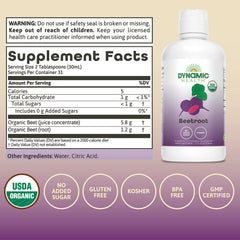 Dynamic Health Organic Beetroot label shows 100% organic ingredients