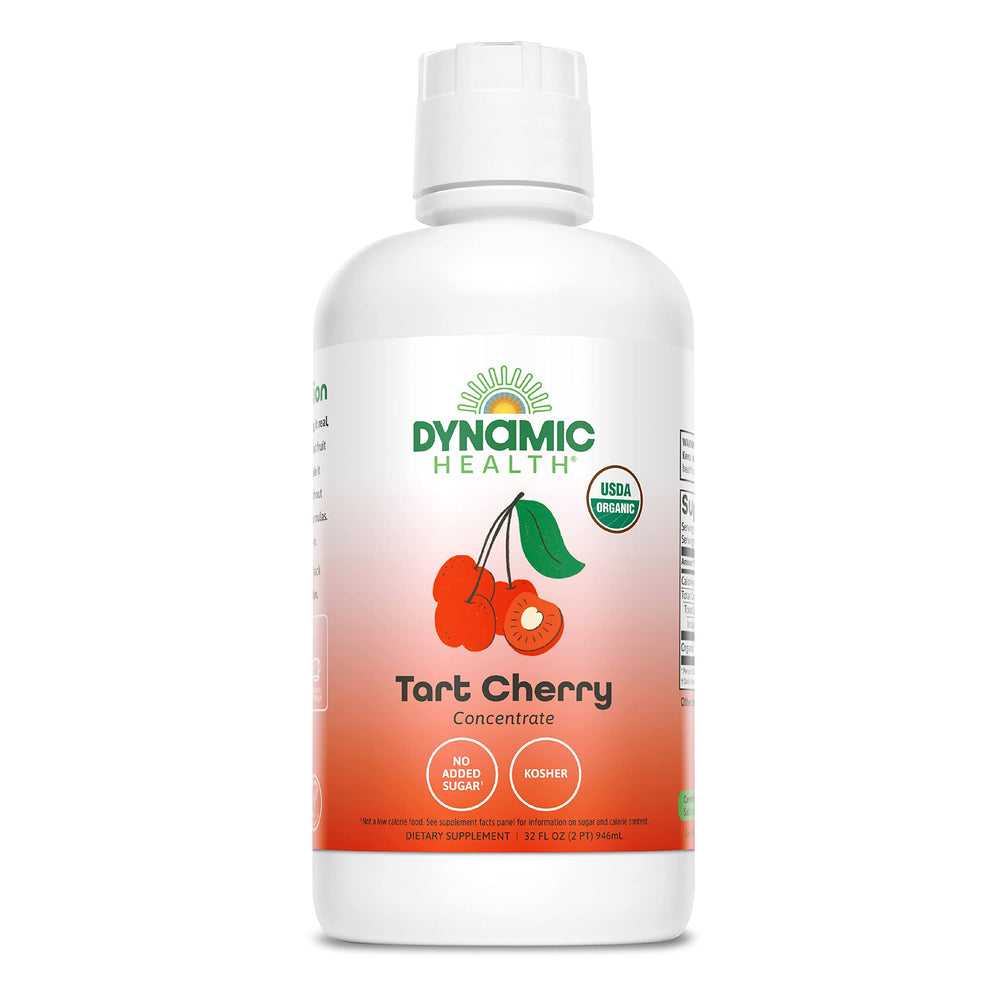 Dynamic Health Tart Cherry Juice bottle showing organic, antioxidant rich 100% juice for smoothies