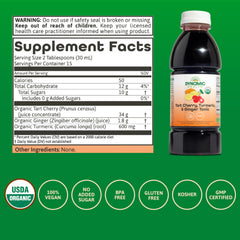 Dynamic Health Tart Cherry Juice Tonic with turmeric—turmeric swirl suggesting joint-support potential.