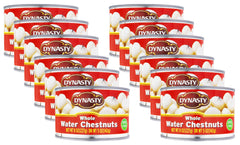 Dynasty canned whole water chestnuts front view, 12-pack for quick meals.