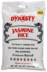 Dynasty Jasmine Rice 20-pound bag, fragrant staple for steaming and Asian meals.
