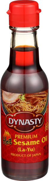 Dynasty Premium Hot Sesame Oil bottle with pour-spout enhances quick flavor.
