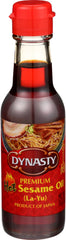 Dynasty Premium Hot Sesame Oil bottle with pour-spout enhances quick flavor.